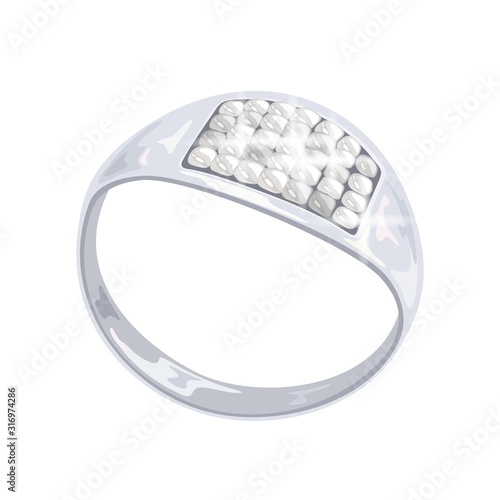 Modern platinum or white gold ring with brilliant cut square diamonds for engagement proposal, wedding, anniversary. Elegant silver jewelry with shiny phianite or cubic zirconia. Realistic vector.