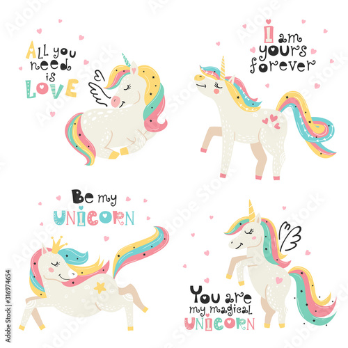 Fototapeta Set of cute posters with magical unicorn