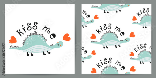 Set of cute poster and seamless pattern with dinosaurs