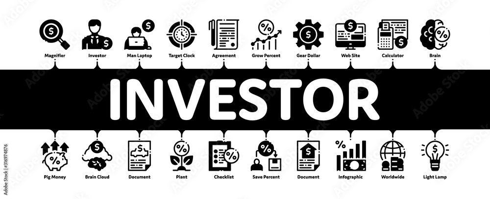 Investor Financial Minimal Infographic Web Banner Vector. Investor With Money Dollar And Lightbulb, Brain With Percentage Mark And Document Concept Illustrations