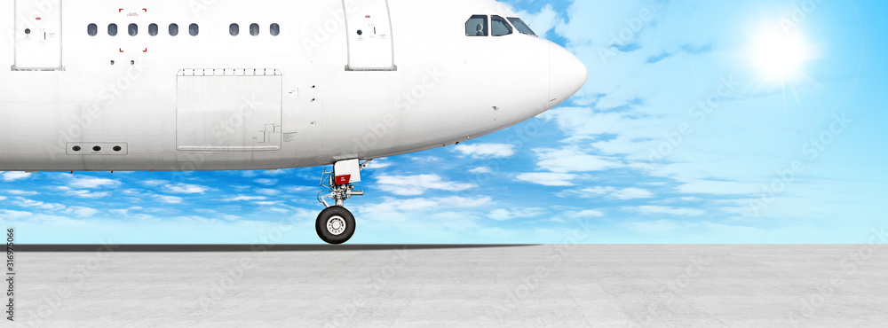 white airplane on runway at airport panorama landscape against blue sky  background. Side ultra wide panoramic view of passenger plane fuselage nose  part. Modern aircraft on ground. Aviation wallpaper Stock Photo |