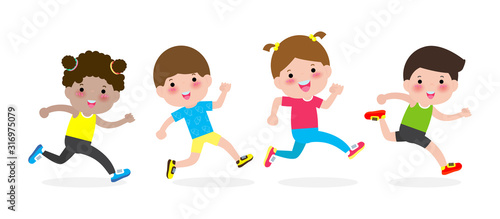 happy kids jogging for healthy. cartoon character children running vector illustration isolated on white background.
