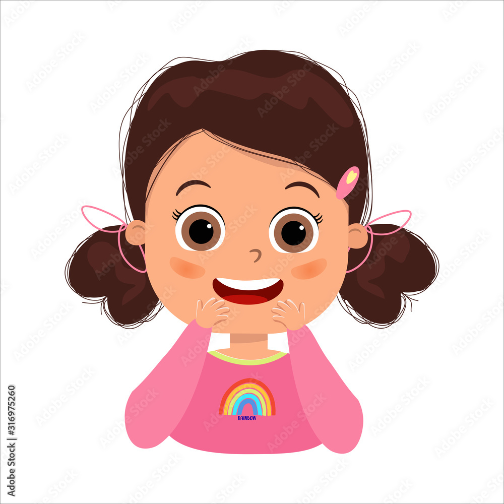 cute kid teen show facial expression vector illustration isolated on a white background.. Expression of amazement wonder. Cute girl with big eyes is smiling with joyful expression of face. cute kid teen show facial expression vector illustration isolated on a white background.. Expression of amazement wonder. Cute girl with big eyes is smiling with joyful expression of face.
