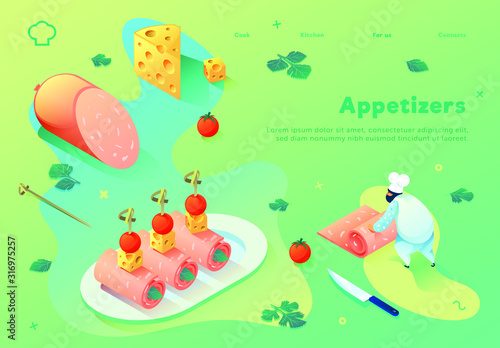 Chef prepares cold appetizers. Colored spots on bright gradients. Web site concept. 