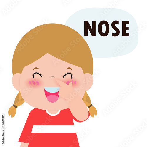 Children girl Pointing to and Saying "nose" as Part of Naming Body or Face Parts Series for kid isolated vector Illustration