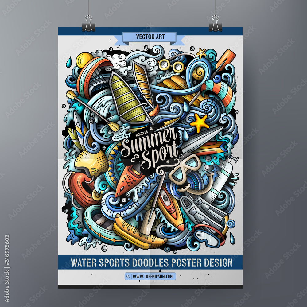Cartoon colorful hand drawn doodles Water Sports poster template