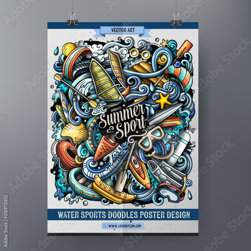 Cartoon colorful hand drawn doodles Water Sports poster template