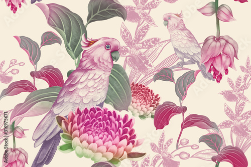 Tropical seamless floral pattern. Exotic birds parrots on branches of tree. Nature illustration Vintage Leaves, flowers and pink cockatoo. Wildlife. For paper, Hawaiian, summer textile, wallpaper