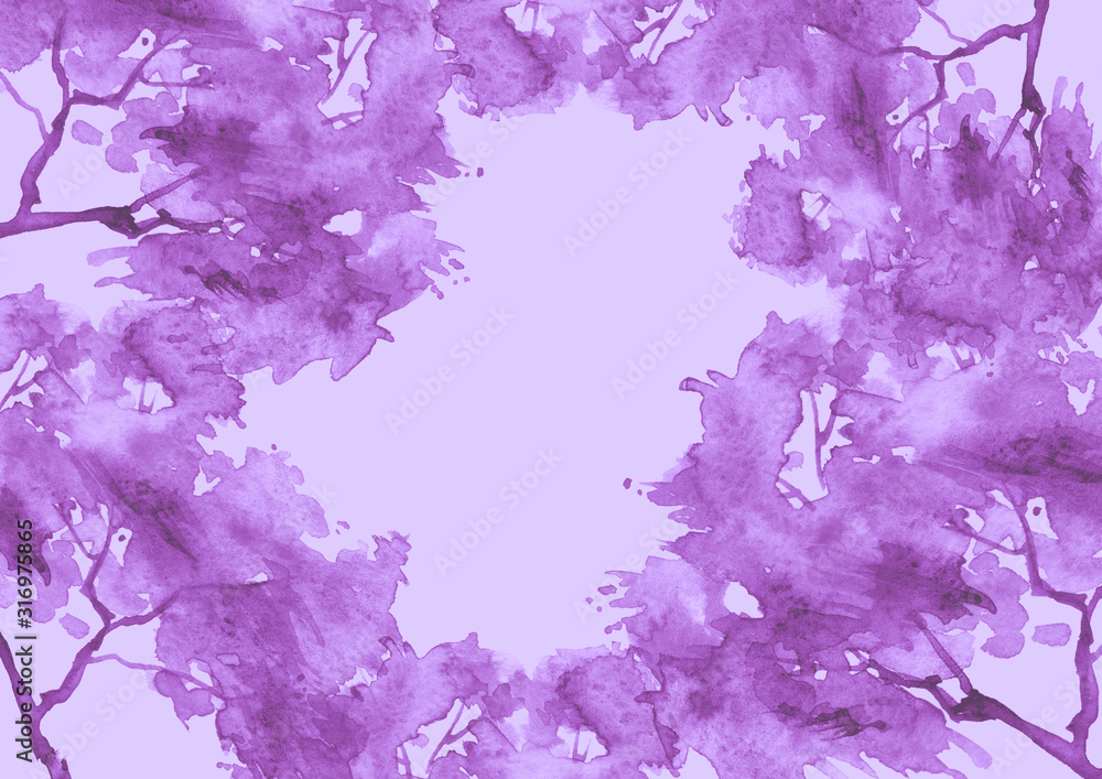 purple, lilac leaves in the wind. Branch of a tree, a birch, oak, maple. Watercolor  purple, lilac background, blot, blob, splash of paint. Watercolor  spot, abstraction. Branches with leaves.