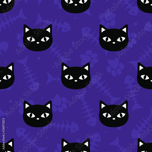 Fototapeta Naklejka Na Ścianę i Meble -  Vector seamless pattern with black cats on purple background; animal print for fabric, wallpaper, textile, wrapping paper, web design.