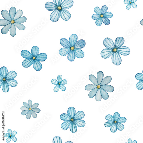 Floral watercolor background. Seamless spring wallpapers with blue flowers