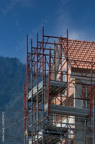 Scaffolding outside a house in construction