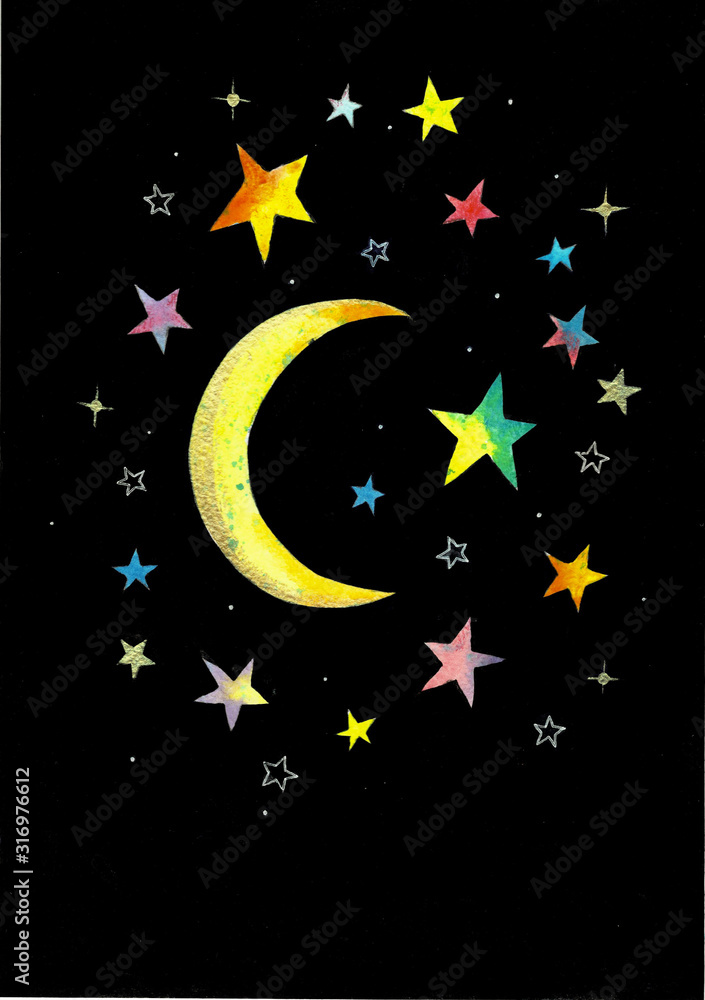 Naklejka premium Moon and stars, watercolor illustration on a black background. Night sky.