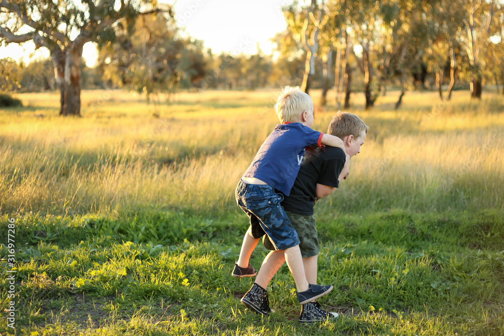Little boy giving his little brother a piggy back. Boys playing together in vibrant field at sunset with copy space. Little boy giving his little brother a piggy back. Boys playing together in vibrant field at sunset with copy space.
