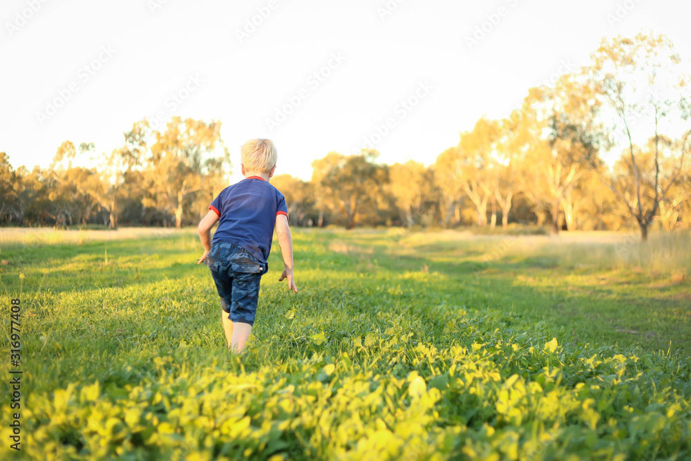 Little boy running away from camera through lush green grass in a vibrant field at sunset with copy space