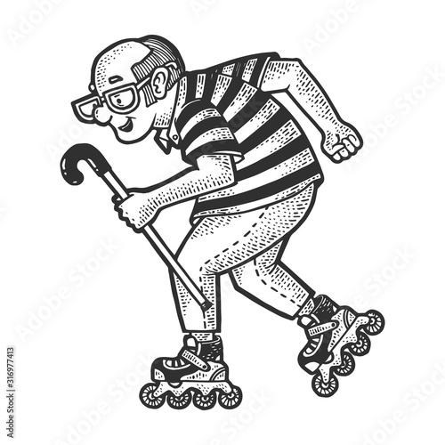Old man grandfather rides on roller Skates sketch engraving vector illustration. T-shirt apparel print design. Scratch board imitation. Black and white hand drawn image.