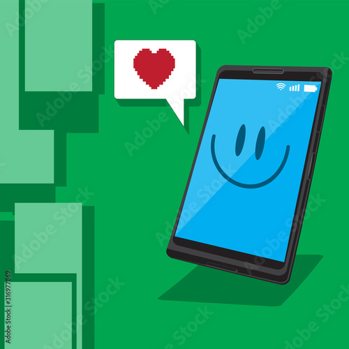 Fototapeta Naklejka Na Ścianę i Meble -  Smartphone message heart smile emotion on green isolated background. Vector image.