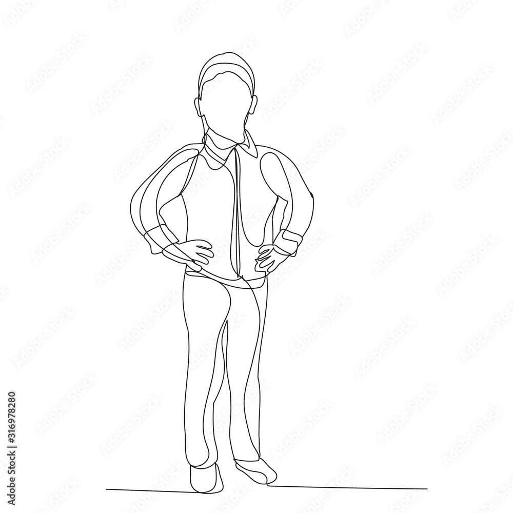 vector, isolated, continuous line drawing, boy, child stands