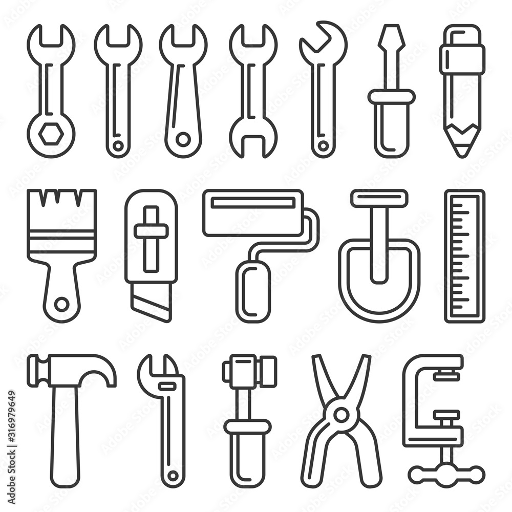 Tool Icon Set on White Background. Line Style Vector Tool Icon Set on White Background. Line Style Vector
