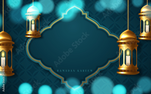 Ramadan kareem poster, arabic calligraphy with hanging ramadan lanterns. Vector illustration