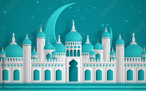 Islamic beautiful design template. Mosque with moon and stars on blue background in paper cut style. Vector illustration © vectorizer88