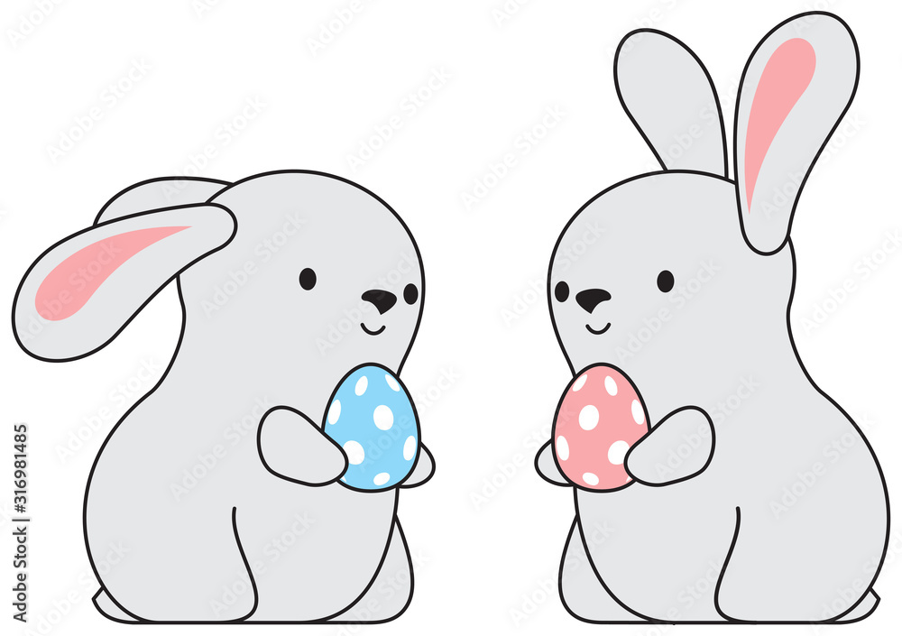 Happy Easter Rabbit Holiday Kawaii vector illustration, two Easter Bunny’s hold decorated Easter Paschal eggs Happy Easter Rabbit Holiday Kawaii vector illustration, two Easter Bunny’s hold decorated Easter Paschal eggs