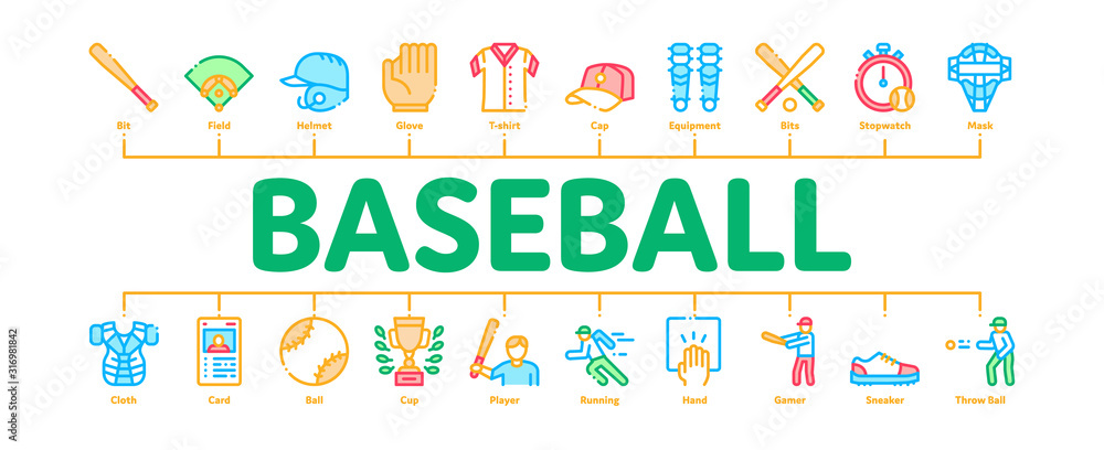 Baseball Game Tools Minimal Infographic Web Banner Vector. Baseball Bat And Ball, Protection Helmet And Glove, Stopwatch And Cup Concept Illustrations