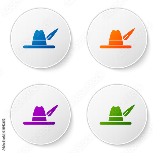 Color Oktoberfest hat icon isolated on white background. Hunter hat with feather. German hat. Set icons in circle buttons. Vector Illustration