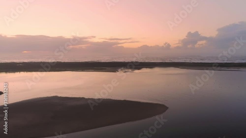 Sunset in estuary of Cavado river in Esposende, village  of Braga in Portugal. Aerial view