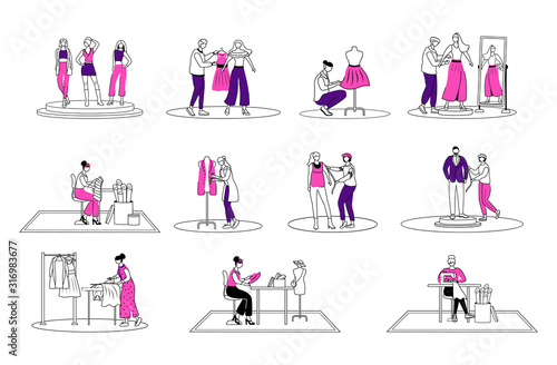Fashion designer in atelier flat contour vector illustration set. Sewing and reparing clothes isolated cartoon outline characters on white background. Creating clothes for catwalk simple drawing