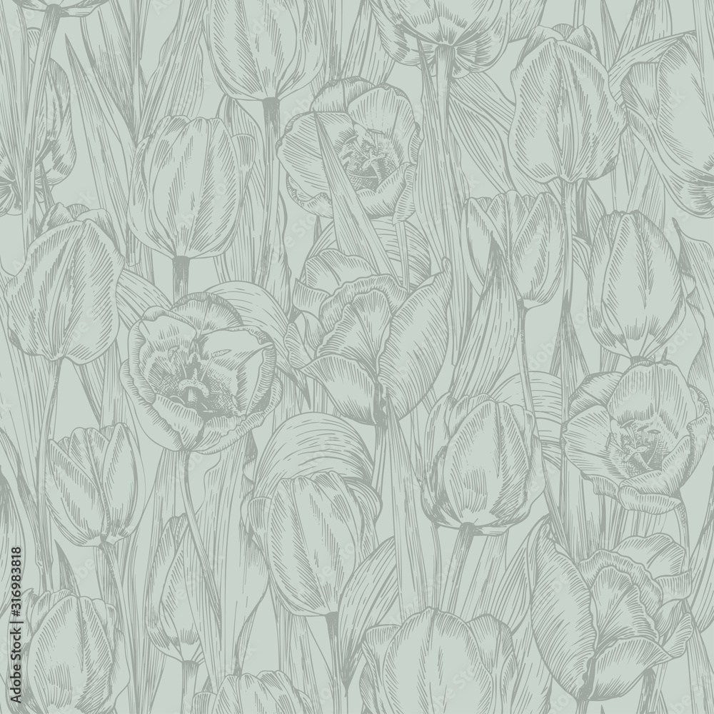 Fototapeta premium Greeting seamless with Spring flower tulips bouquet in gray green colors on blue background. Engraving drawing Vintage style