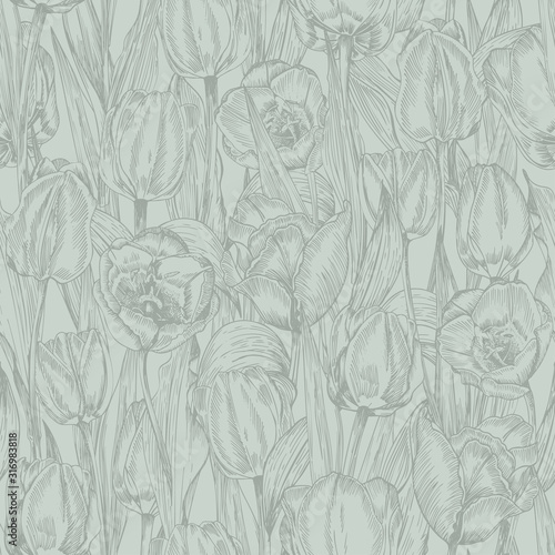 Greeting seamless with Spring flower tulips bouquet in gray green colors on blue background. Engraving drawing Vintage style