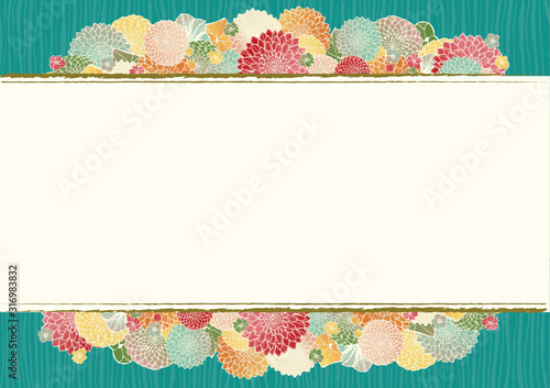 和柄の背景素材 レトロ アンティーク 青緑 ターコイズ 和風 着物風 手書きの花柄 結婚式のフレーム素材 Illustration Stock Adobe Stock