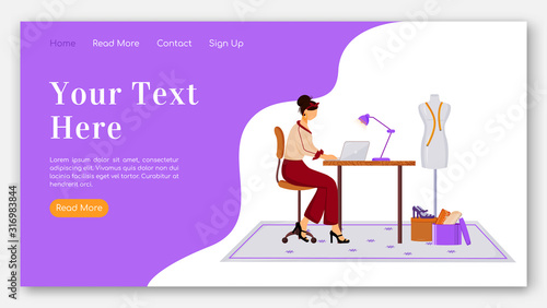 Fashion designer landing page flat color vector template. Creating clothes on laptop homepage layout. Design outfits one page website interface with cartoon illustration. Atelier banner, webpage