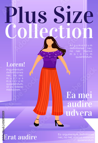 Plus size collection magazine cover template. Runway outfits. Fashion news. Journal mockup design. Vector page layout with flat character. Style guide advertising cartoon illustration with text space