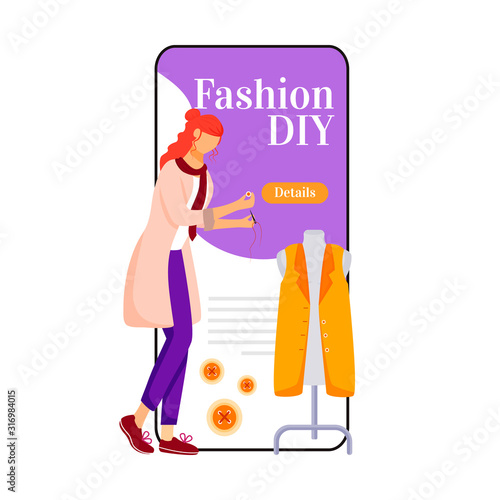 Fashion diy cartoon smartphone vector app screen. Creating and sewing clothes. Designing outfits. Mobile phone display with flat character design mockup. Fashion trends application telephone interface