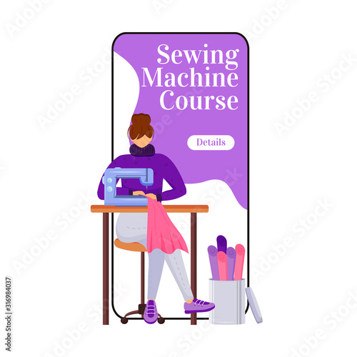 Sewing machine course cartoon smartphone vector app screen. Beginners fashion class. Mobile phone display with flat character design mockup. Atelier techniques workshop application telephone interface