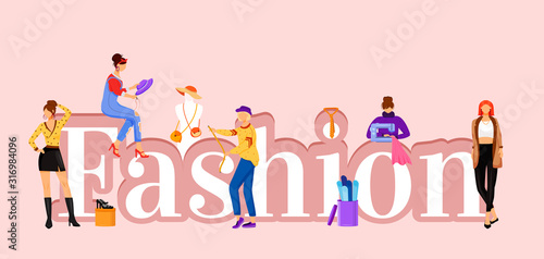 Fashion word concepts flat color vector banner. Catwalk models and designers assistants. Isolated typography with tiny cartoon characters. Designing clothes creative illustration isolated on pink