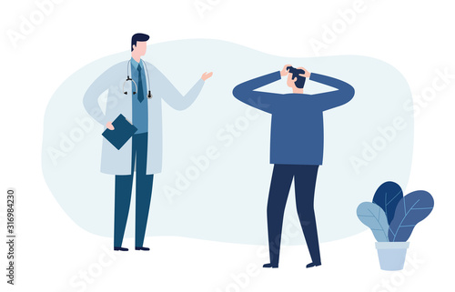 Psychotherapy counseling concept. Psychologist man and young man patient in therapy session. Treatment of stress, addictions and mental problems. Vector illustration flat style