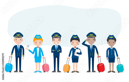 pilot and stewardess. set of officers and flight attendants Stewardesses  isolated on white background, pilot and air hostess Vector Illustration.