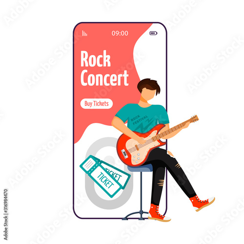 Rock concert cartoon smartphone vector app screen. Guitarist. Sitting guitar player. Musician. Mobile phone display with flat character design mockup. Application telephone cute interface