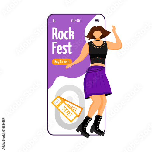 Rock fest cartoon smartphone vector app screen. Tickets. Dancing punk girl. Fangirl at concert, gig. Mobile phone display with flat character design mockup. Application telephone cute interface