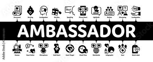Ambassador Creative Minimal Infographic Web Banner Vector. Loudspeaker And Gift, Human Holding Heart And Speaking, Ambassador Concept Illustrations