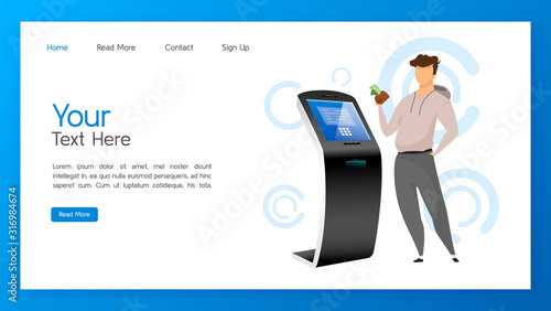 Bank terminal landing page vector template. Cash operation website interface idea with flat illustrations. Automated teller machine homepage layout. Self order kiosk web banner cartoon concept