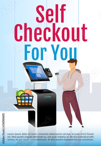 Self check out brochure template. Digital store counter flyer, booklet concept with flat illustration. Contactless payment vector page cartoon layout for magazine. Online pay kiosk advertising