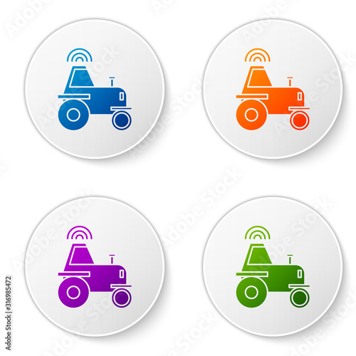 Color Self driving wireless tractor on a smart farm icon isolated on white background. Smart agriculture implement element. Set icons in circle buttons. Vector Illustration