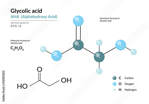 Glycolic acid. AHA Alphahydroxy acid. Structural chemical formula and molecule 3d model. Atoms with color coding. Vector illustration