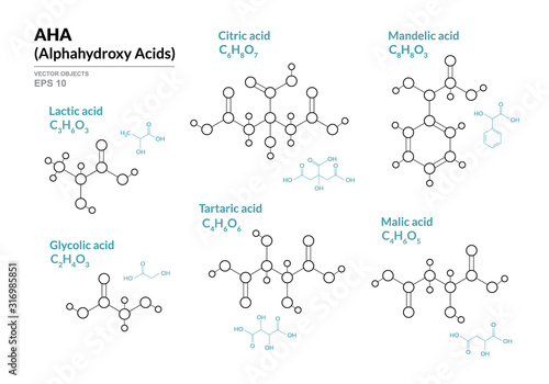 Lactic, Glycolic, Citric, Tartaric, Mandelic, Malic acids. AHA Alphahydroxy acids. Structural chemical formula and molecule model. Vector illustration