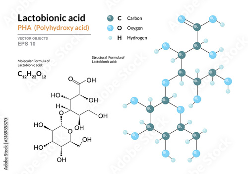 Lactobionic acid. PHA Polyhydroxy acid. Structural chemical formula and molecule 3d model. Atoms with color coding. Vector illustration