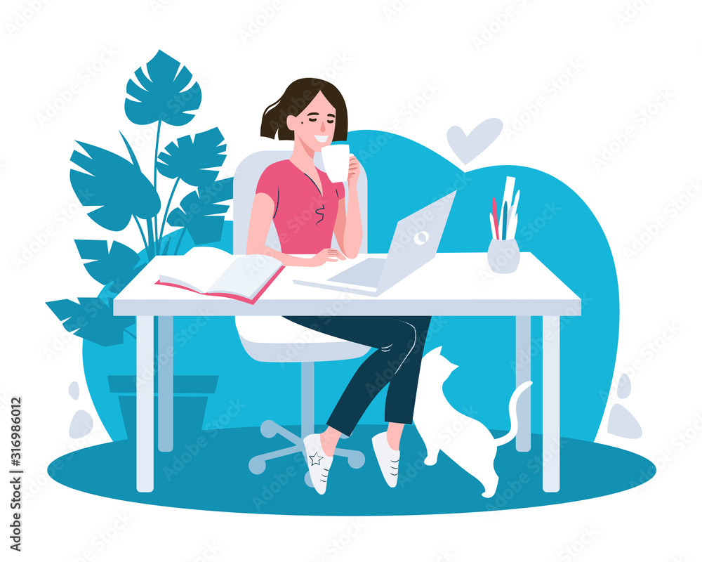 Woman using laptop flat vector illustration. Working from home, remote job. Woman using laptop flat vector illustration. Working from home, remote job.
